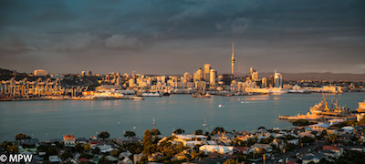 Auckland city at sunrise taken from Mt Victoria